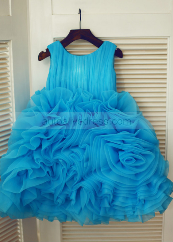 Blue Pleated Organza Ruffled Short Flower Girl Dress